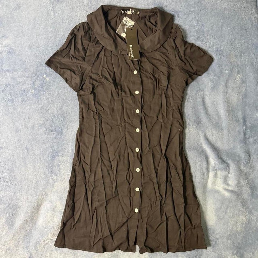 Allegrak Black button up mini dress with ruffle sleeves and collar. Size S